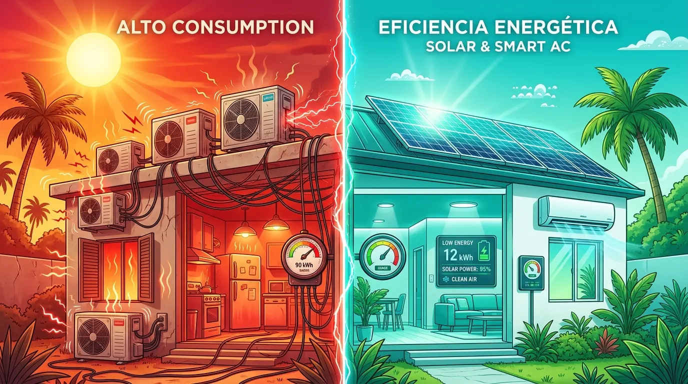 Ilustración conceptual de comparativa entre alto consumo CFE y ahorro con energía solar en Cancún