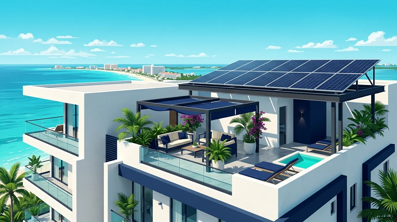 Ilustración arquitectónica de sistema de energía solar residencial en Cancún
