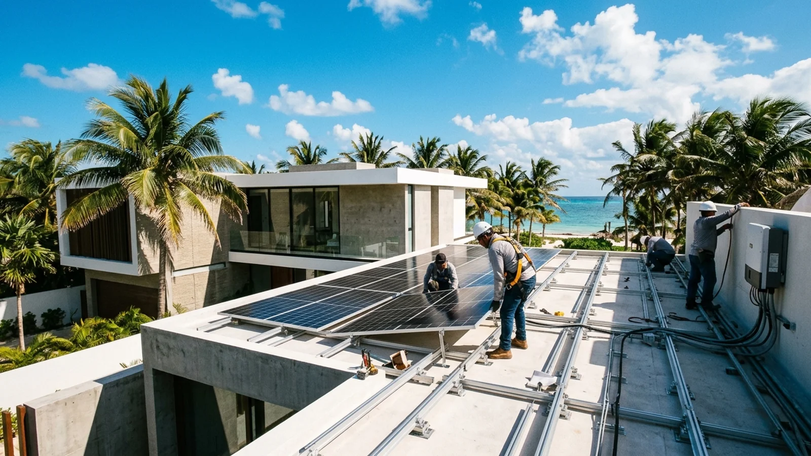 Fotografía de instalación de paneles solares fotovoltaicos en azotea residencial de Cancún con materiales anticorrosión